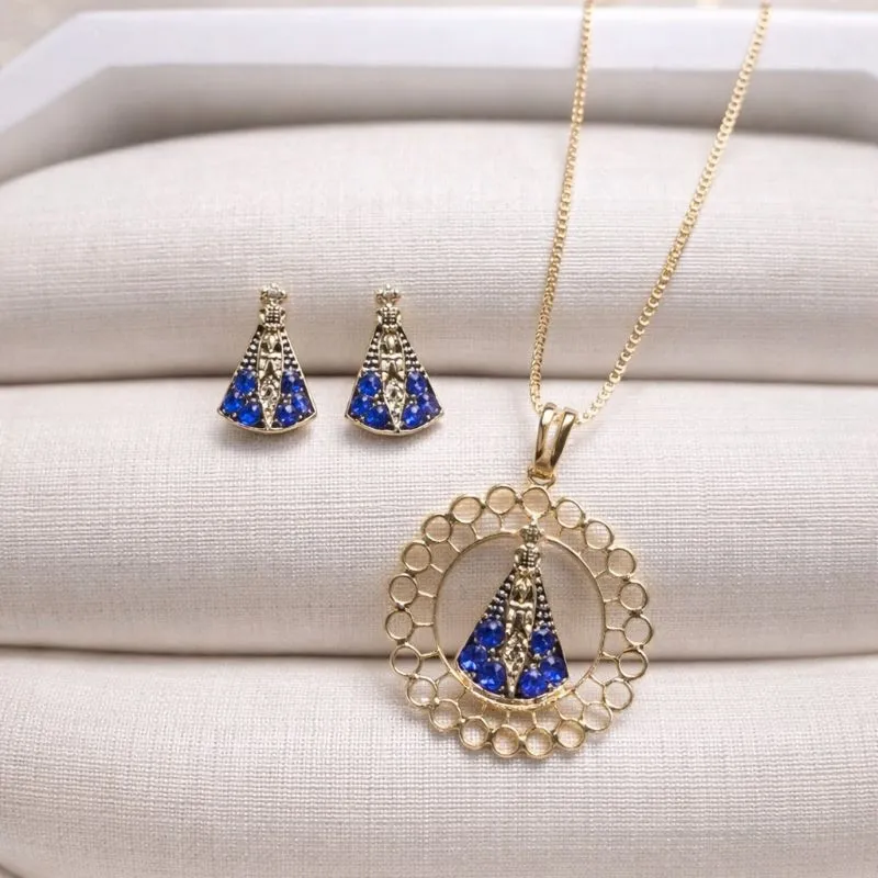 Conjunto Nossa Senhora Azul E Pingente Trabalhado Gargantilha E Brinco