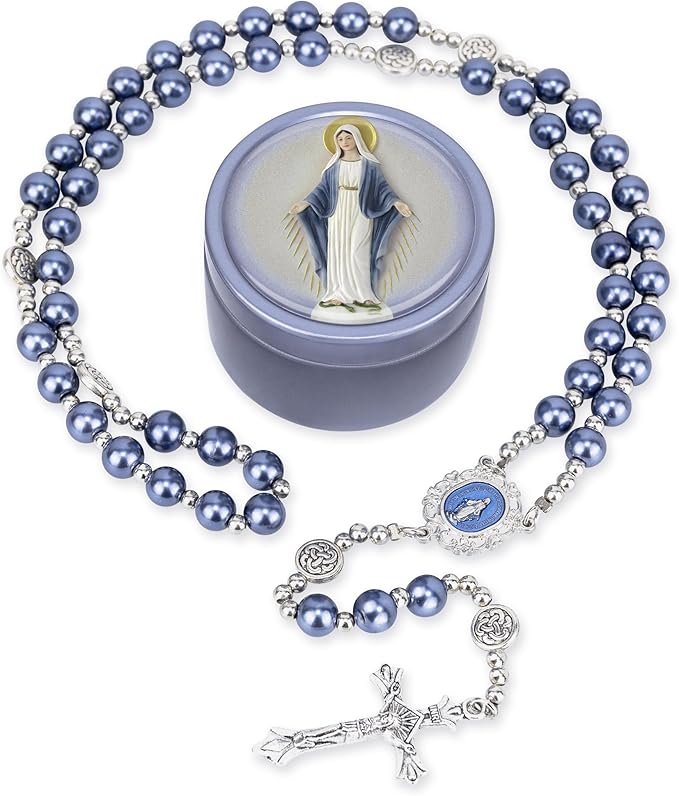 Rosário de pérola de vidro de 8 mm – Rosário feminino com caixa de rosário, rosário católico, presentes para meninas, primeira comunhão, batismo